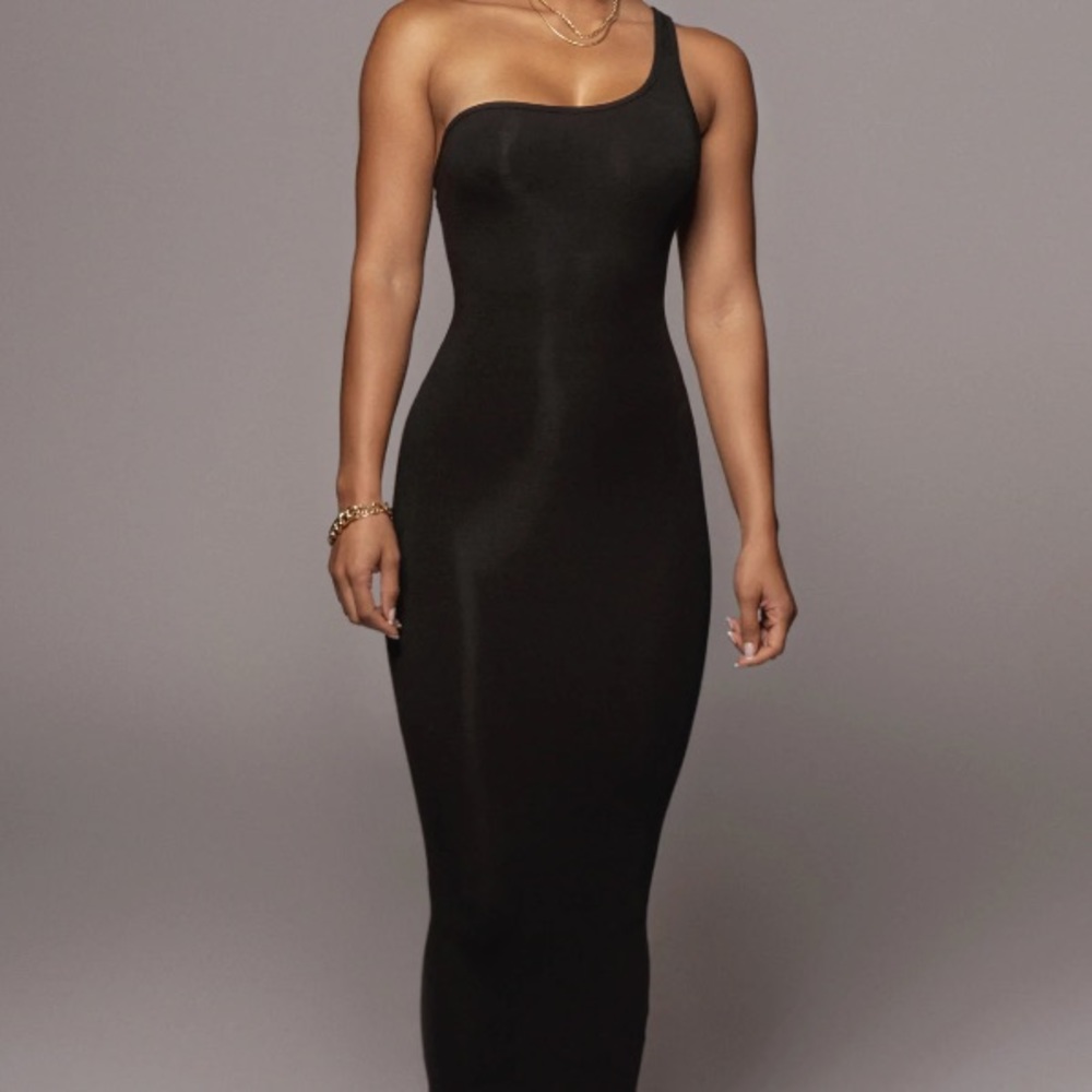 🆕JLUXLABEL SIZE SMALL BODYBASIX BLACK ALENA ONE SHOULDER SLEEVELESS MIDI DRESS